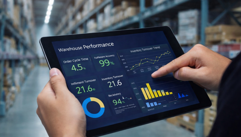Warehouse performance metrics dashboard displayed on tablet in warehouse