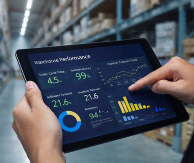 Warehouse KPI dashboard in warehouse setting Warehouse performance metrics dashboard displayed on tablet in warehouse