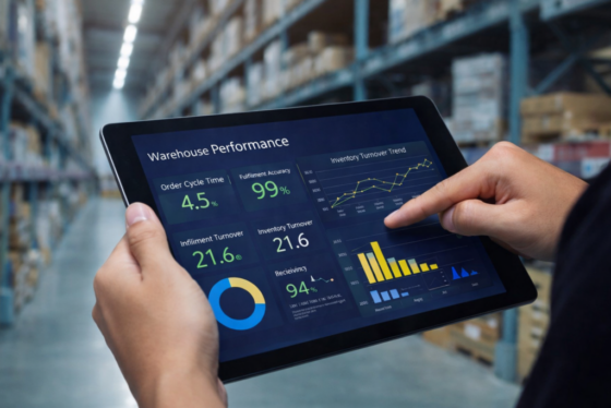 Warehouse performance metrics dashboard displayed on tablet in warehouse