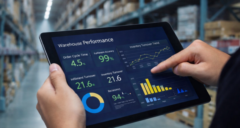 Warehouse performance metrics dashboard displayed on tablet in warehouse