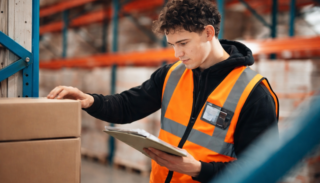 warehouse associate picking and packing orders in distribution center