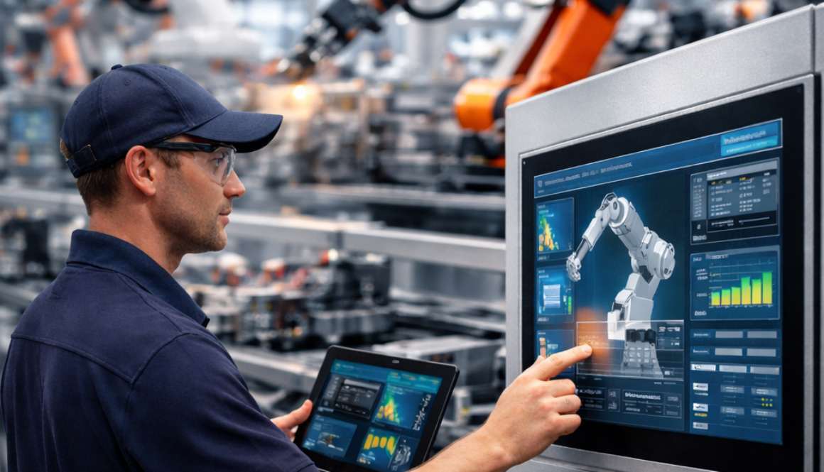 worker operating smart manufacturing system with robotics in advanced manufacturing facility