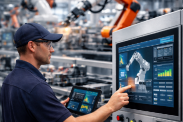 worker operating smart manufacturing system with robotics in advanced manufacturing facility