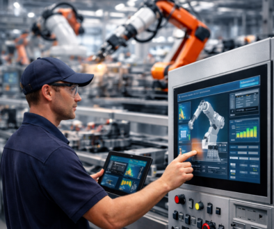 worker operating smart manufacturing system with robotics in advanced manufacturing facility
