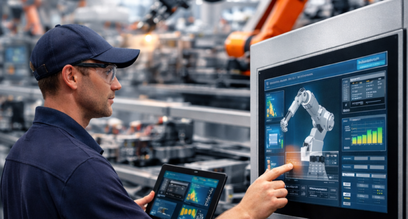 worker operating smart manufacturing system with robotics in advanced manufacturing facility