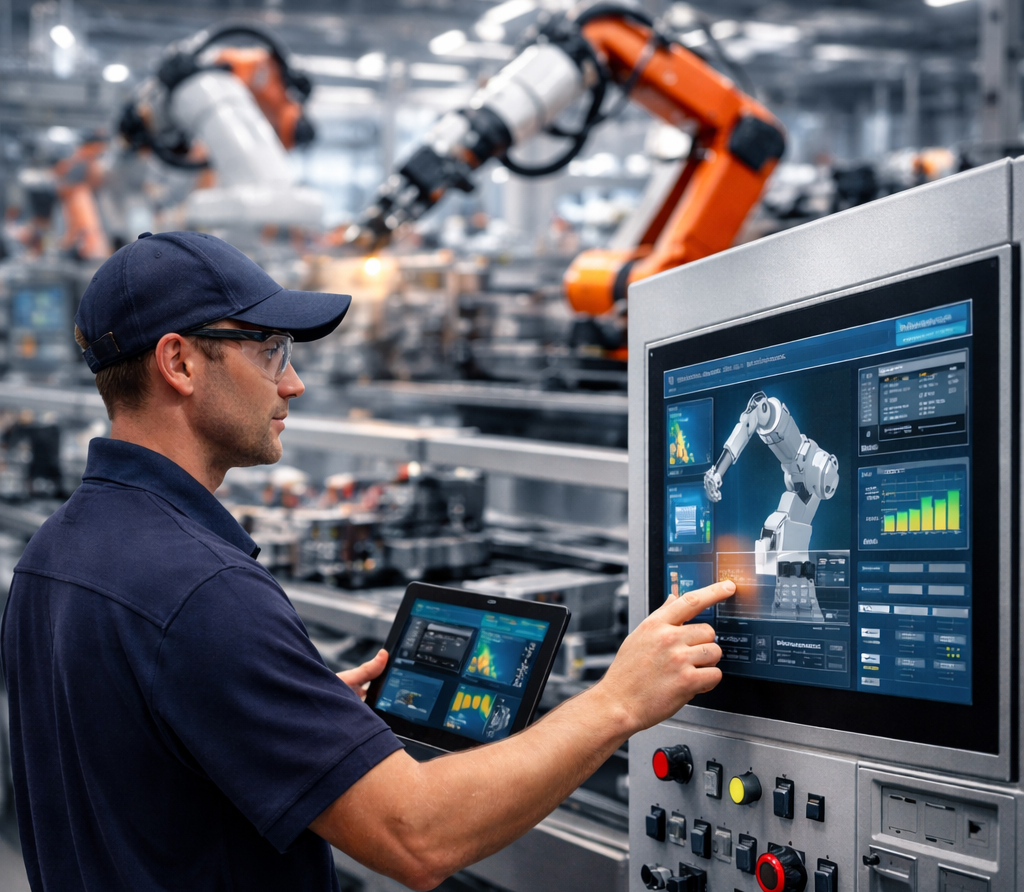 worker operating smart manufacturing system with robotics in advanced manufacturing facility