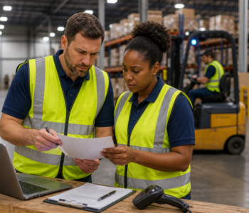warehouse supervisor evaluating employee performance in warehouse
