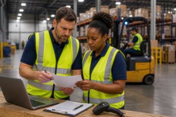 warehouse supervisor evaluating employee performance in warehouse