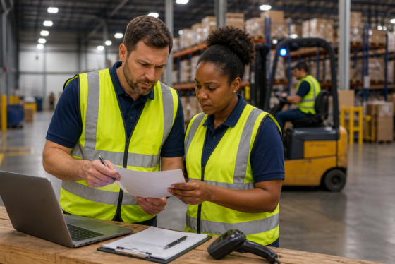 warehouse supervisor evaluating employee performance in warehouse