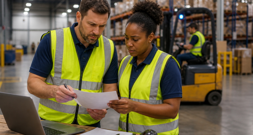 warehouse supervisor evaluating employee performance in warehouse