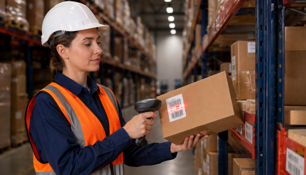 warehouse worker scanning inventory box in distribution center during career transition from retail