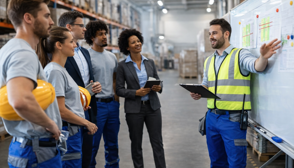 warehouse supervisor leading team meeting on warehouse floor