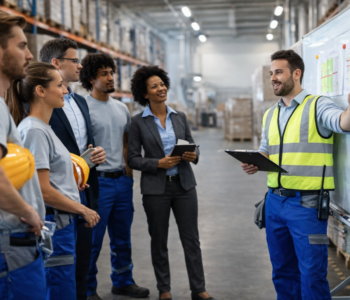 warehouse supervisor leading team meeting on warehouse floor