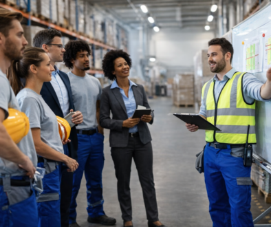 warehouse supervisor leading team meeting on warehouse floor