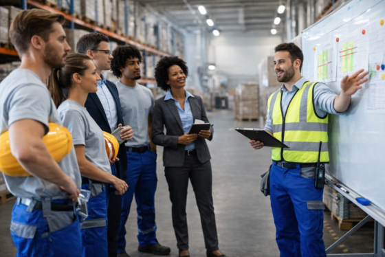 warehouse supervisor leading team meeting on warehouse floor