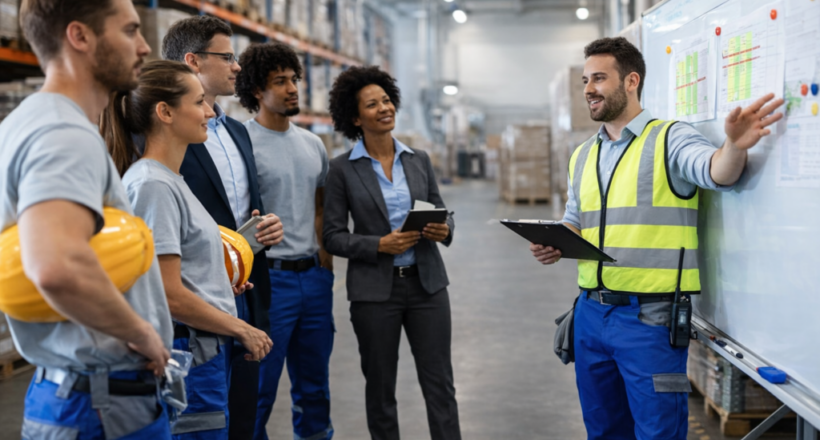 warehouse supervisor leading team meeting on warehouse floor