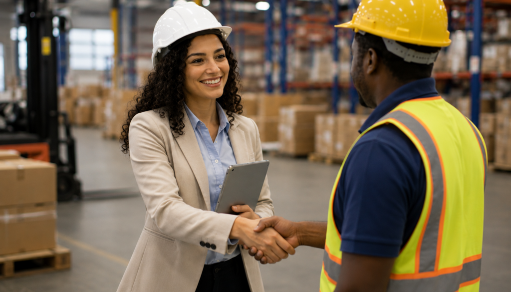 manufacturing hiring manager interviewing candidate inside warehouse facility