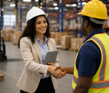 manufacturing hiring manager interviewing candidate inside warehouse facility