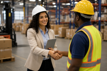 manufacturing hiring manager interviewing candidate inside warehouse facility