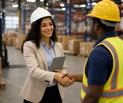 manufacturing hiring manager interviewing candidate inside warehouse facility
