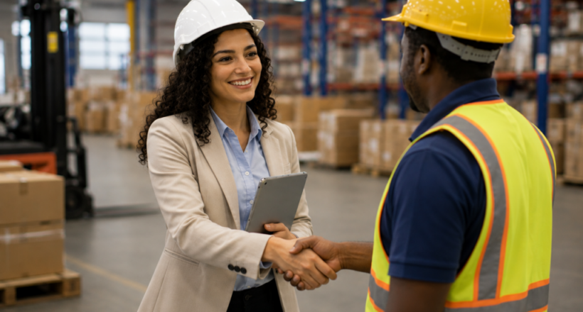 manufacturing hiring manager interviewing candidate inside warehouse facility