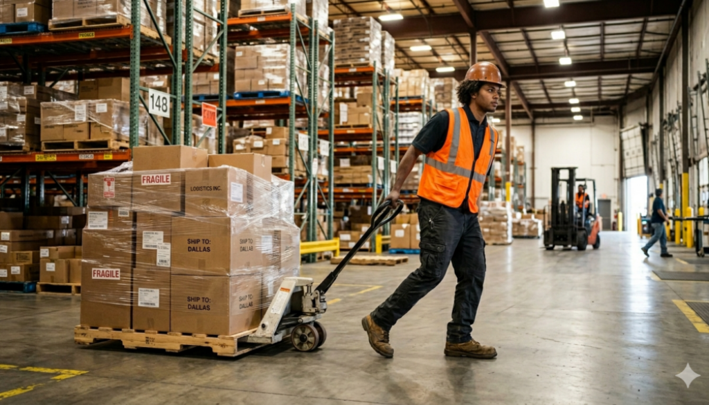 Material handler operating a pallet jack in a Virginia warehouse distribution center