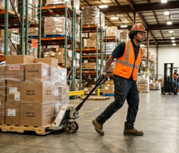 Material handler operating a pallet jack in a Virginia warehouse distribution center