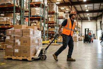 Material handler operating a pallet jack in a Virginia warehouse distribution center