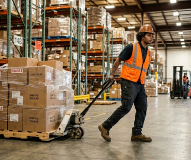 Material handler operating a pallet jack in a Virginia warehouse distribution center