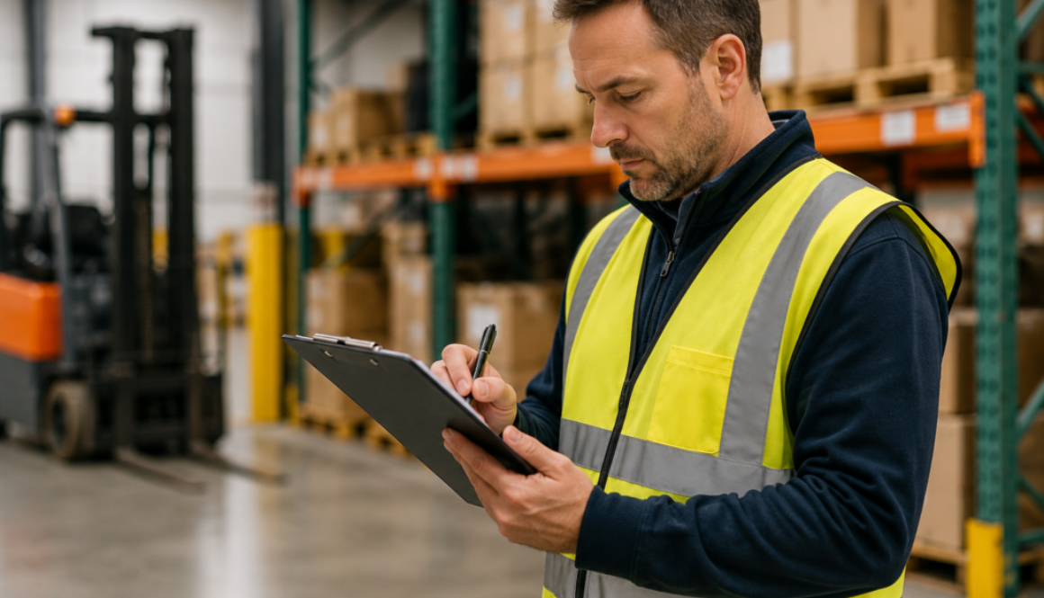 Warehouse supervisor reviewing hiring information while recruiting warehouse employees.
