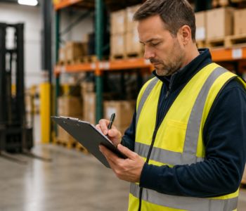 Warehouse supervisor reviewing hiring information while recruiting warehouse employees.