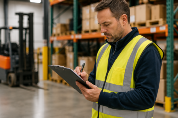 Warehouse supervisor reviewing hiring information while recruiting warehouse employees.
