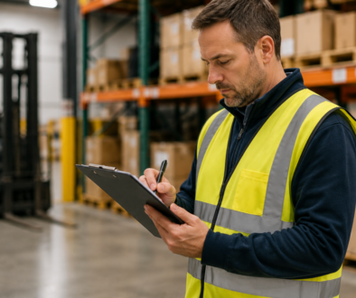 Warehouse supervisor reviewing hiring information while recruiting warehouse employees.