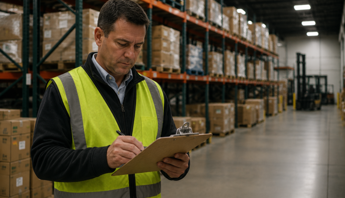 Warehouse supervisor reviewing staffing performance on the warehouse floor
