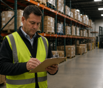 Warehouse supervisor reviewing staffing performance on the warehouse floor