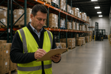 Warehouse supervisor reviewing staffing performance on the warehouse floor