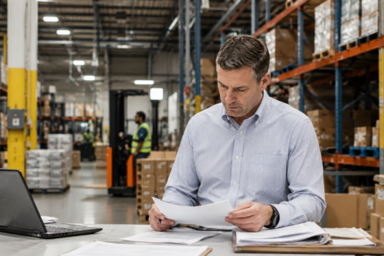 Warehouse operations manager reviewing staffing options in a Virginia facility