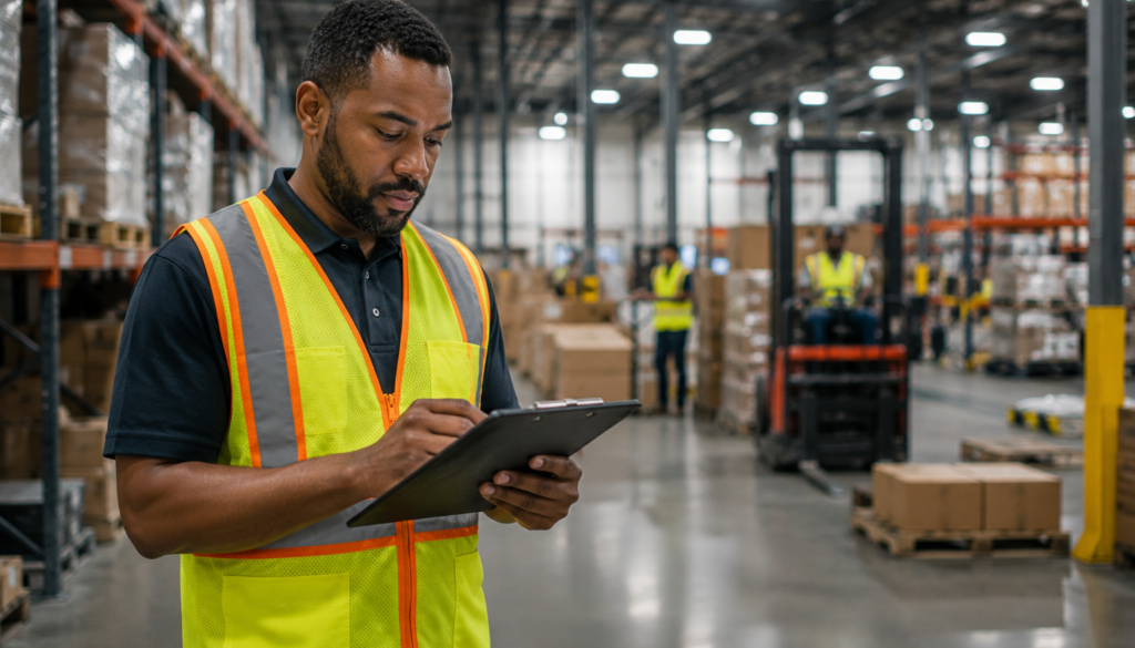 Warehouse supervisor reviewing workforce data on the floor of a Virginia distribution center