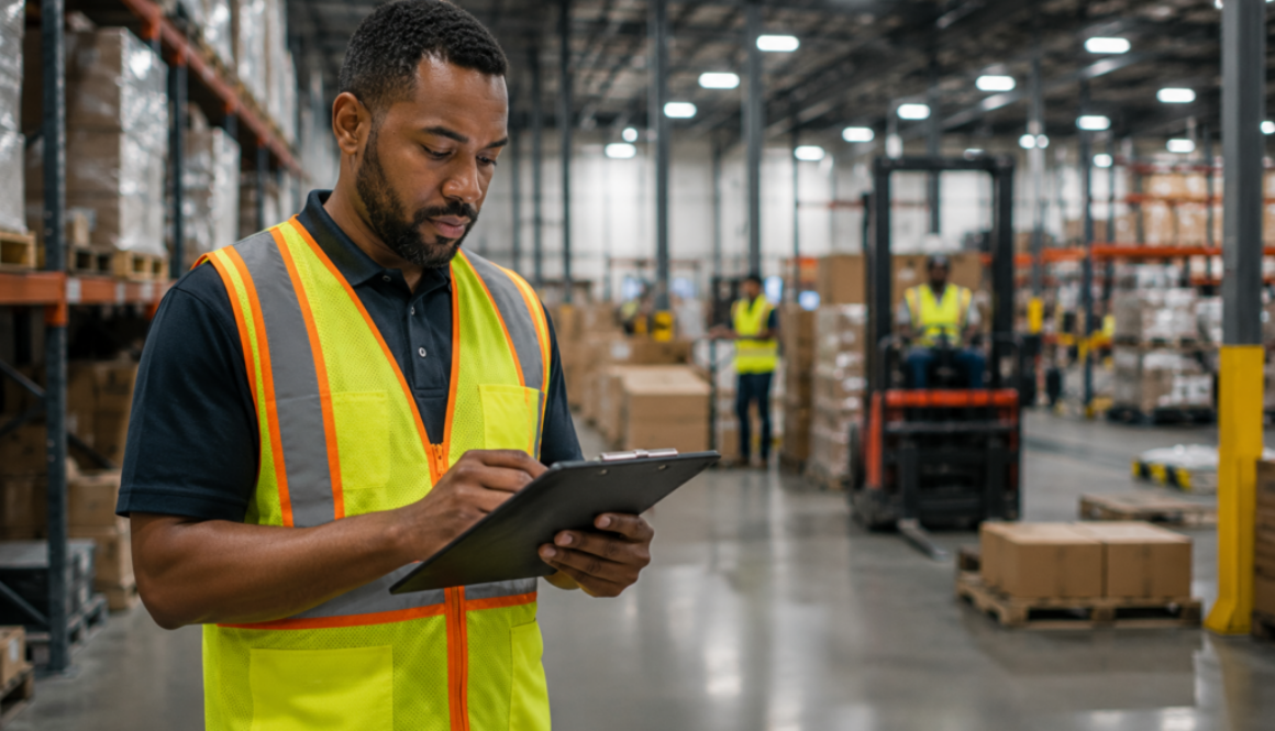 Warehouse supervisor reviewing workforce data on the floor of a Virginia distribution center