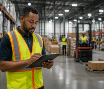 Warehouse supervisor reviewing workforce data on the floor of a Virginia distribution center