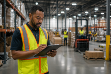 Warehouse supervisor reviewing workforce data on the floor of a Virginia distribution center