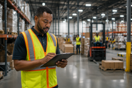 Warehouse supervisor reviewing workforce data on the floor of a Virginia distribution center