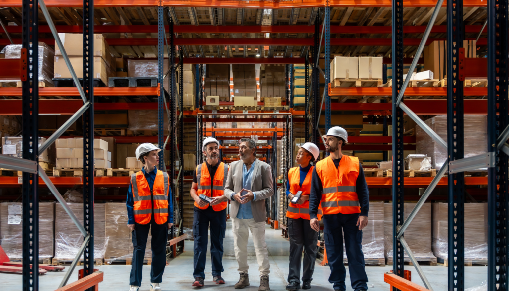 Staffing professional touring a Virginia manufacturing warehouse with supervisors and warehouse employees.