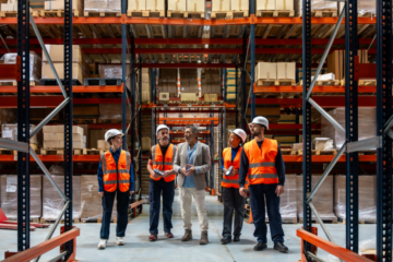Staffing professional touring a Virginia manufacturing warehouse with supervisors and warehouse employees.