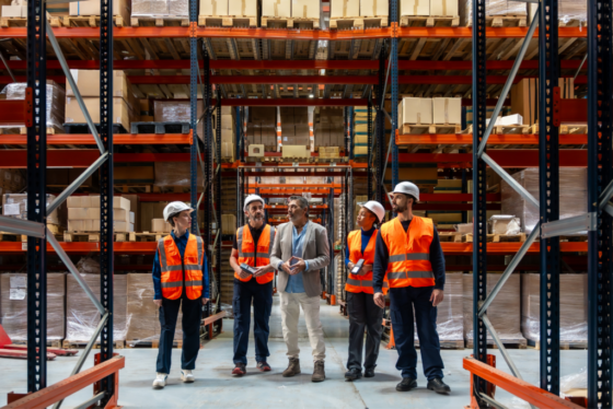 Staffing professional touring a Virginia manufacturing warehouse with supervisors and warehouse employees.