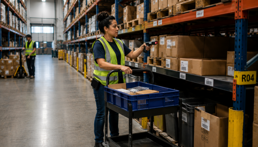 Picker packer scanning inventory in a Virginia warehouse distribution center