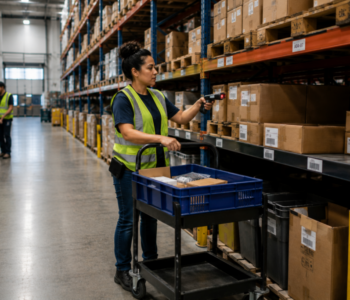 Picker packer scanning inventory in a Virginia warehouse distribution center