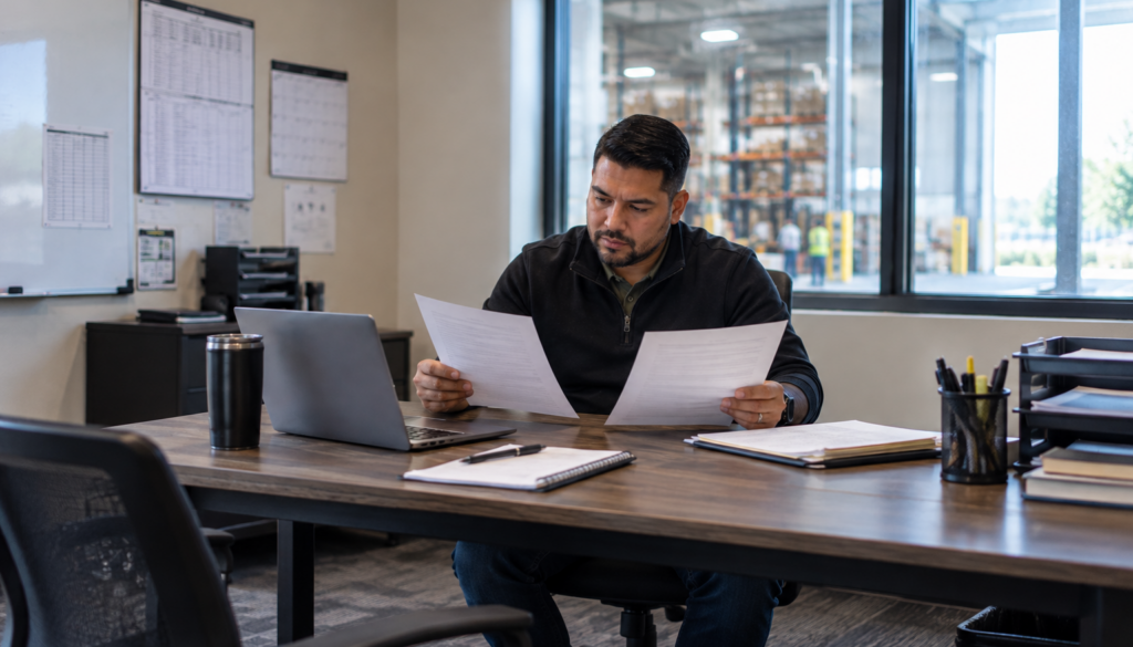 Hiring manager reviewing and comparing two documents at a desk at a warehouse facility.