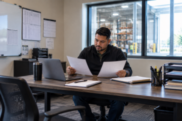 Hiring manager reviewing and comparing two documents at a desk at a warehouse facility.