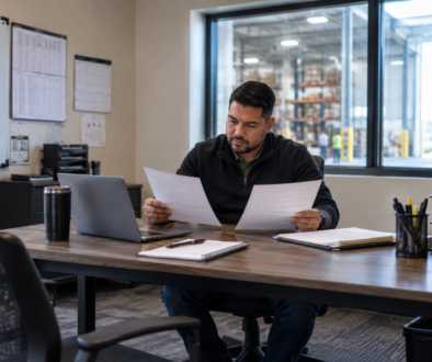 Hiring manager reviewing and comparing two documents at a desk at a warehouse facility.